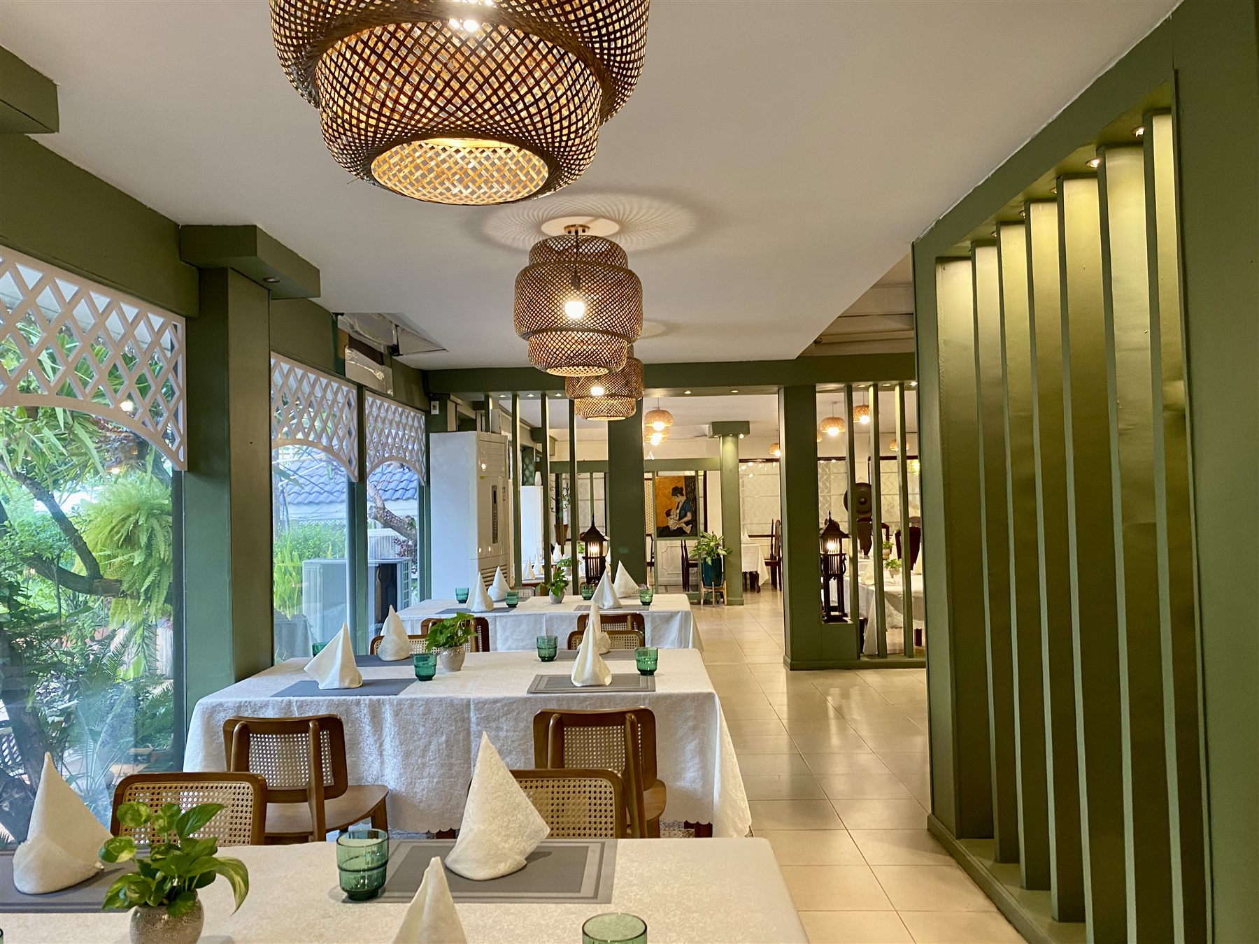 The main dining hall with warm lighting